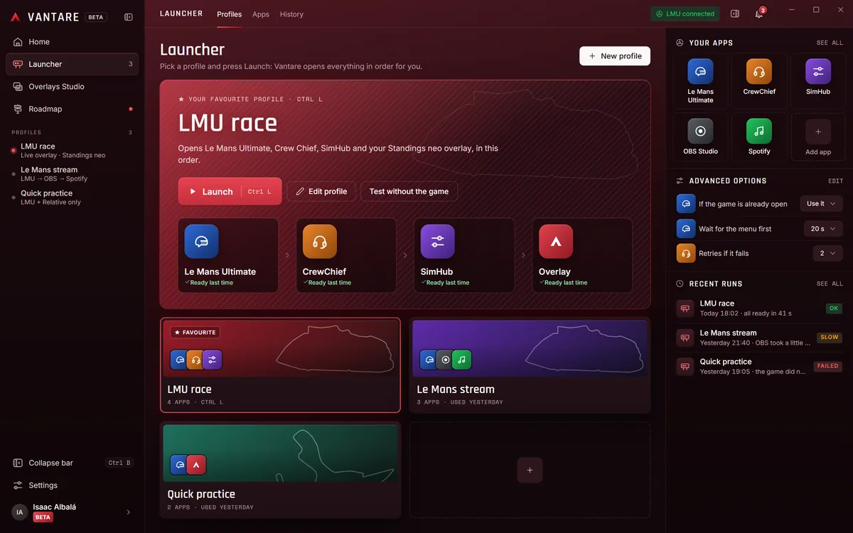 Launcher: the «LMU race» profile opens Le Mans Ultimate, Crew Chief, SimHub and the overlay in order.